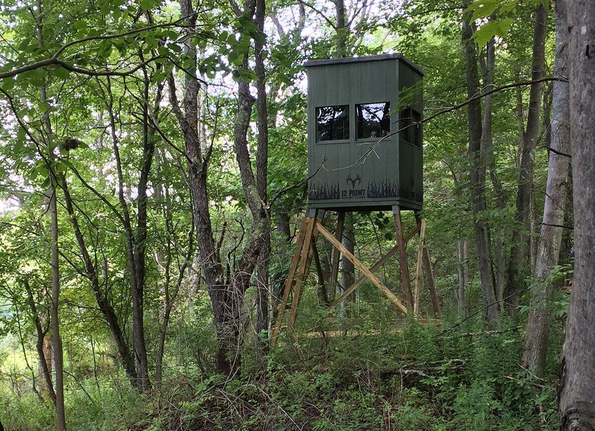New green box blind elevated on a steel-and-wood platform in a mixed hardwood stand
